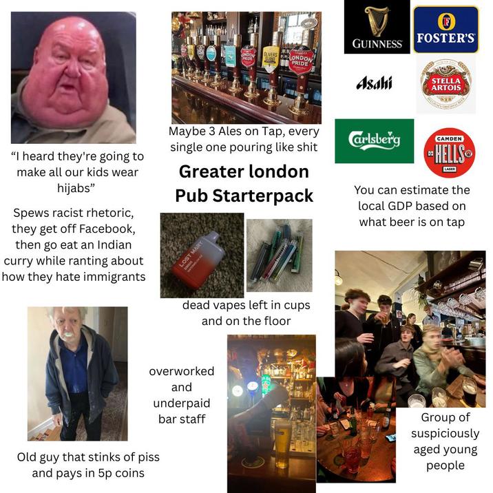 ONDON PRIDE PRIDE OLIVERS LONDON GUINNESS PRIDE Asahi "I heard they're going to make all our kids wear hijabs" Spews racist rhetoric, they get off Facebook, then go eat an Indian curry while ranting about how they hate immigrants Maybe 3 Ales on Tap, every single one pouring like s--- Greater london Pub Starterpack LOST MARY dead vapes left in cups and on the floor overworked and Carlsberg F FOSTER'S STELLA ARTOIS CAMDEN HELLS LAGER You can estimate the local GDP based on what beer is on tap underpaid bar staff Group of suspiciously aged young people Old guy that stinks of piss and pays in 5p coins