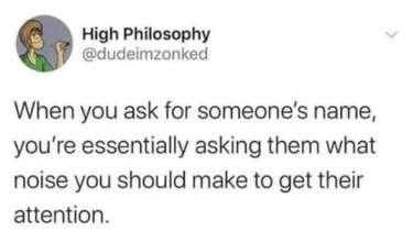 High Philosophy @dudeimzonked When you ask for someone's name, you're essentially asking them what noise you should make to get their attention.