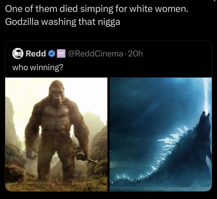 One of them died simping for white women. Godzilla washing that n---- Redd RIS@ReddCinema 20h • who winning?