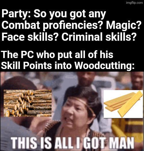 imgflip.com Party: So you got any Combat profiencies? Magic? Face skills? Criminal skills? The PC who put all of his Skill Points into Woodcutting: THIS IS ALL I GOT MAN