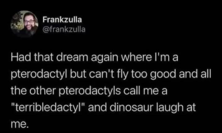 Frankzulla @frankzulla Had that dream again where I'm a pterodactyl but can't fly too good and all the other pterodactyls call me a "terribledactyl" and dinosaur laugh at me.