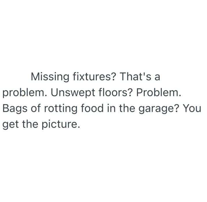 Missing fixtures? That's a problem. Unswept floors? Problem. Bags of rotting food in the garage? You get the picture.