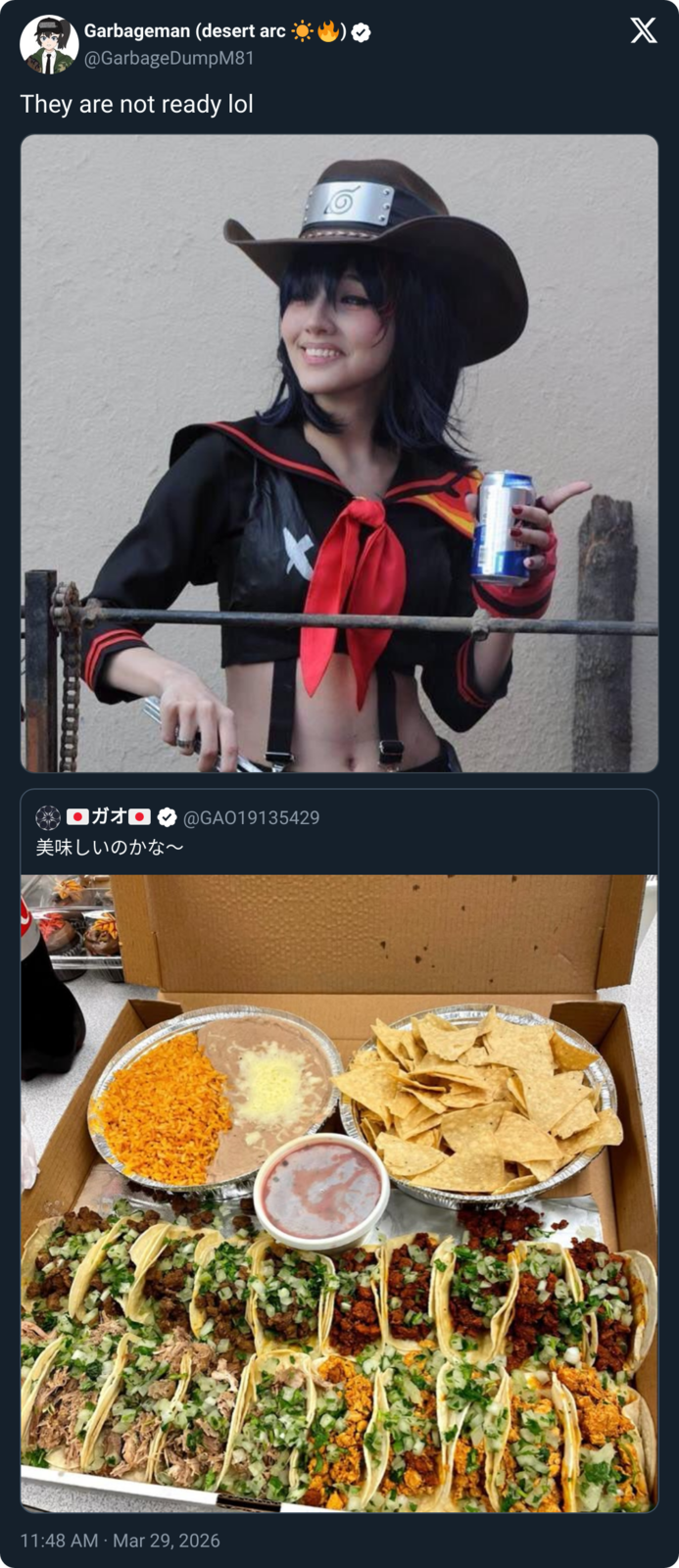 Garbageman (desert arc @GarbageDumpM81 They are not ready lol ■ガオロ 美味しいのかな〜 @GAO19135429 . 11:48 AM Mar 29, 2026 Ο X