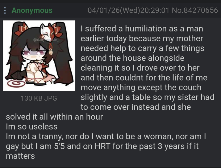 : Anonymous @dailyn kle 130 KB JPG 04/01/26(Wed) 20:29:01 No.84270656 I suffered a humiliation as a man earlier today because my mother needed help to carry a few things around the house alongside cleaning it so I drove over to her and then couldnt for the life of me move anything except the couch slightly and a table so my sister had to come over instead and she solved it all within an hour Im so useless Im not a t-----, nor do I want to be a woman, nor am I gay but I am 5'5 and on HRT for the past 3 years if it matters