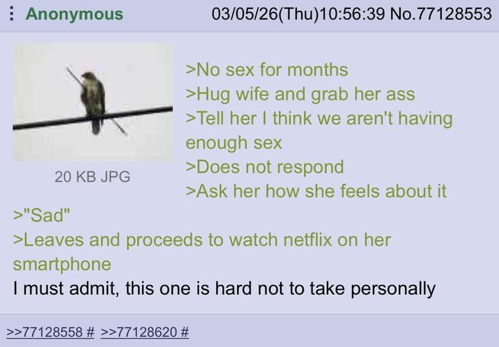 Anonymous 20 KB JPG >"Sad" 03/05/26(Thu)10:56:39 No.77128553 >No sex for months >Hug wife and grab her ass >Tell her I think we aren't having enough sex >Does not respond >Ask her how she feels about it >Leaves and proceeds to watch netflix on her smartphone I must admit, this one is hard not to take personally >>77128558 # >>77128620 #