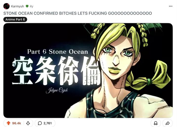 Karmyuh 4y STONE OCEAN CONFIRMED BITCHES LETS F------ GOOOOO00000000 Anime Part 6 Part 6 Stone Ocean 空条徐倫5 Jolyne Cujoh 96.4k 凸 ○ 2,761 : D