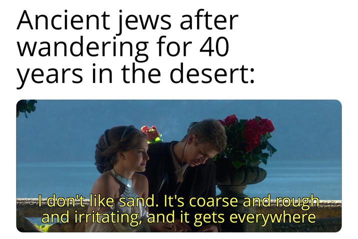 Ancient jews after wandering for 40 years in the desert: I don't like sand. It's coarse and rough and irritating, and it gets everywhere