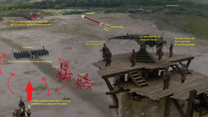 《 *dies to heat seeking bolts they used like 10 minutes ago in the same episode* ~100 idiots *can't fast travel when enemies are nearby* *charge* Golden company remembers they have 2000 horses to charge at the enemy *charge* whoosh! *considers reporting lack of guardrails to OSHA* (speed lines) *biome change* So, with what do we reload this thing? The f--- I know, we don't even have arrows for our bows