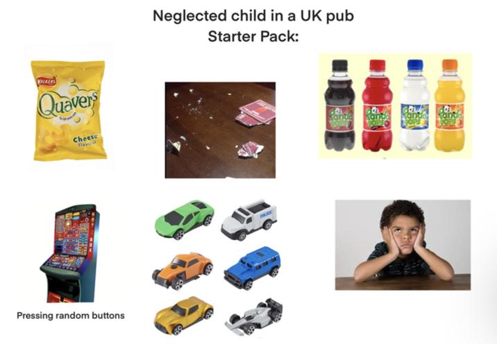 WALKERS Quavers Cheese flavour Pressing random buttons Neglected child in a UK pub Starter Pack: anta Manda Handa and POPS