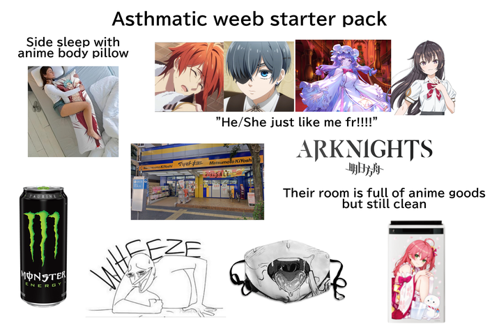 Asthmatic weeb starter pack Side sleep with anime body pillow TAURINE "He/She just like me fr!!!!" Matsumoto Kiyoshi ya Matsumoto Kiyosh 六丁目 K SALE INTEB! 駐輪場 130 ARKNIGHTS 明日舟 Their room is full of anime goods but still clean MONSTER ENERGY 16.FL.C WHEEZE 尕