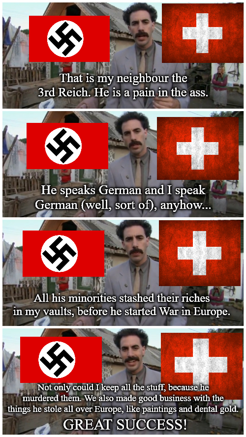 57 Go That is my neighbour the 3rd Reich. He is a pain in the ass. 份 He speaks German and I speak German (well, sort of), anyhow... All his minorities stashed their riches in my vaults, before he started War in Europe. Not only could I keep all the stuff, because he murdered them. We also made good business with the things he stole all over Europe, like paintings and dental gold. GREAT SUCCESS!