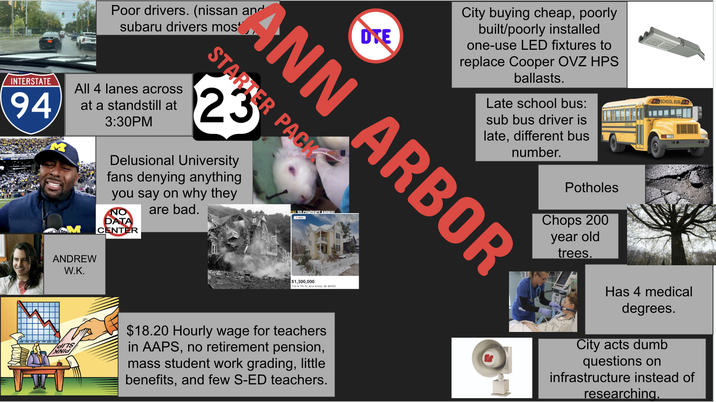 Poor drivers. (nissan and subaru drivers most DTE City buying cheap, poorly built/poorly installed one-use LED fixtures to replace Cooper OVZ HPS ballasts. Late school bus: sub bus driver is late, different bus number. ANN ARBOR STARTER PACK INTERSTATE 94 All 4 lanes across at a standstill at 3:30PM 23 Delusional University fans denying anything you say on why they are bad. NO DATA CENTER ANDREW W.K. CAL TO CONDUCT ANIMAL $1,300,000 116 N 7th St. Ann Arbor, MI 48103 Potholes Chops 200 year old trees. SCHOOL BUS & NID $18.20 Hourly wage for teachers in AAPS, no retirement pension, mass student work grading, little benefits, and few S-ED teachers. Has 4 medical degrees. City acts dumb questions on infrastructure instead of researching.