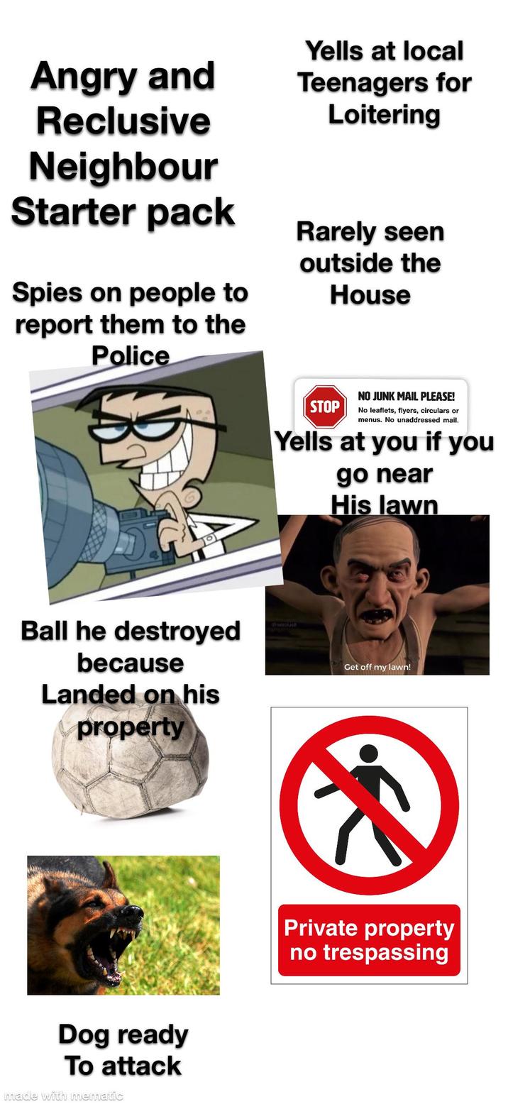 Angry and Reclusive Neighbour Starter pack Spies on people to report them to the Police Yells at local Teenagers for Loitering Rarely seen outside the House Ball he destroyed because Landed on his property Dog ready To attack made with mematic STOP NO JUNK MAIL PLEASE! No leaflets, flyers, circulars or menus. No unaddressed mail. Yells at you if you go near His lawn @retrolust Get off my lawn! Private property no trespassing