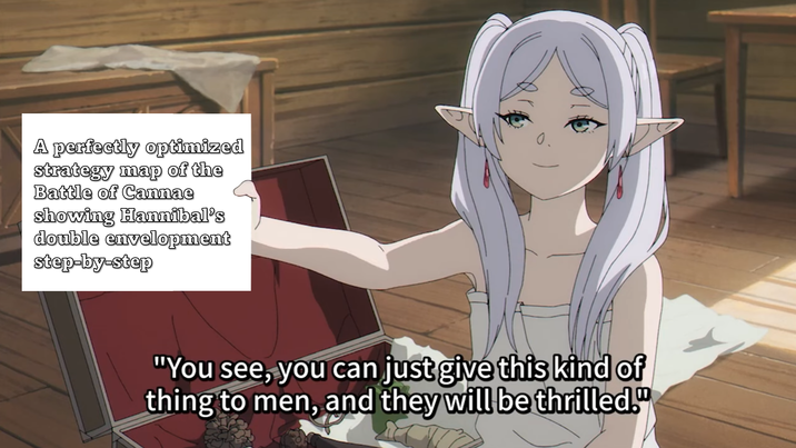 A perfectly optimized strategy map of the Battle of Cannae showing Hannibal's double envelopment step-by-step "You see, you can just give this kind of thing to men, and they will be thrilled."