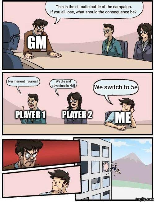 GM This is the climatic battle of the campaign. If you all lose, what should the consequence be? Permanent injuries! We die and adventure in Hell We switch to 5e PLAYER 1 PLAYER 2 ME imgflip.com