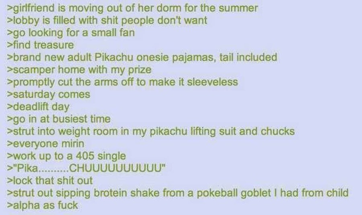 >girlfriend is moving out of her dorm for the summer >lobby is filled with s--- people don't want >go looking for a small fan >find treasure >brand new adult Pikachu onesie pajamas, tail included >scamper home with my prize >promptly cut the arms off to make it sleeveless >saturday comes >deadlift day >go in at busiest time >strut into weight room in my pikachu lifting suit and chucks >everyone mirin >work up to a 405 single >"Pika..........CHUUUUUUUUUU" >lock that s--- out >strut out sipping brotein shake from a pokeball goblet I had from child >alpha as f---
