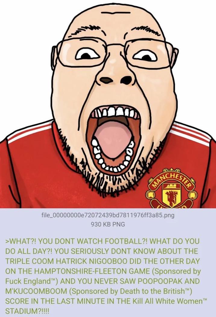 file_00000000e72072439bd7811976ff3a85.png 930 KB PNG >WHAT?! YOU DONT WATCH FOOTBALL?! WHAT DO YOU DO ALL DAY?! YOU SERIOUSLY DONT KNOW ABOUT THE TRIPLE COOM HATRICK NIGOOBOO DID THE OTHER DAY ON THE HAMPTONSHIRE-FLEETON GAME (Sponsored by F--- England) AND YOU NEVER SAW POOPOOPAK AND M'KUCOOMBOOM (Sponsored by Death to the British™) SCORE IN THE LAST MINUTE IN THE Kill All White Women™ STADIUM?!!!!