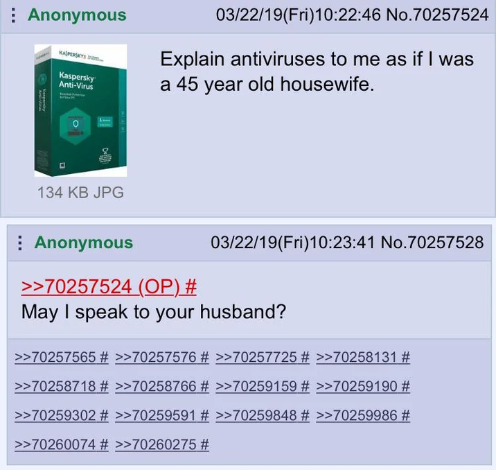 Anonymous Kaspersky KAJPERKY Kaspersky Anti-Virus 134 KB JPG 03/22/19(Fri)10:22:46 No.70257524 Explain antiviruses to me as if I was a 45 year old housewife. Anonymous >>70257524 (OP) # 03/22/19(Fri)10:23:41 No.70257528 May I speak to your husband? >>70257565 # >>70257576 # >>70257725 # >>70258131 # >>70258718 # >>70258766 # >>70259159 # >>70259190 # >>70259302 # >>70259591 # >>70259848 # >>70259986 # >>70260074 # >>70260275 #