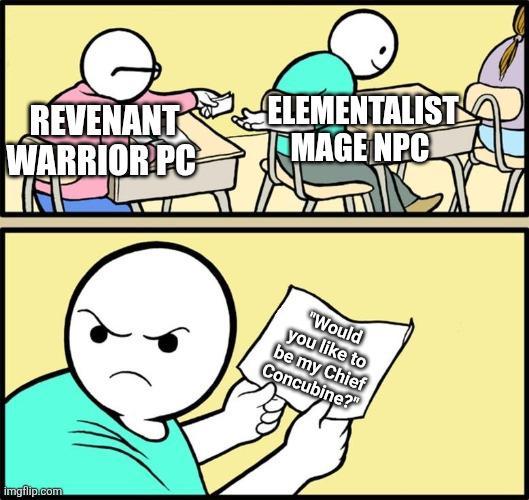 REVENANT WARRIOR PC ELEMENTALIST MAGE NPC imgflip.com "Would you like to be my Chief Concubine?