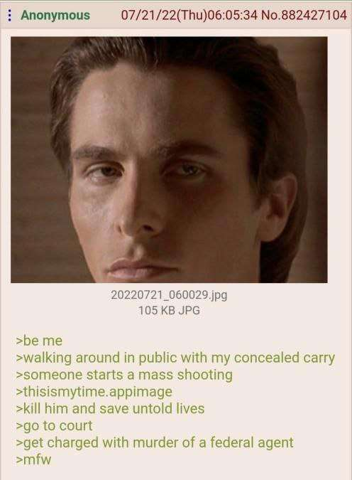 Anonymous 07/21/22(Thu)06:05:34 No.882427104 20220721_060029.jpg 105 KB JPG >be me >walking around in public with my concealed carry >someone starts a mass shooting >thisismytime.appimage >kill him and save untold lives >go to court >get charged with murder of a federal agent >mfw