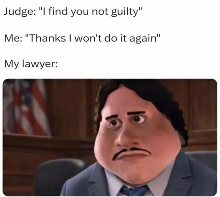 Judge: "I find you not guilty" Me: "Thanks I won't do it again" My lawyer: