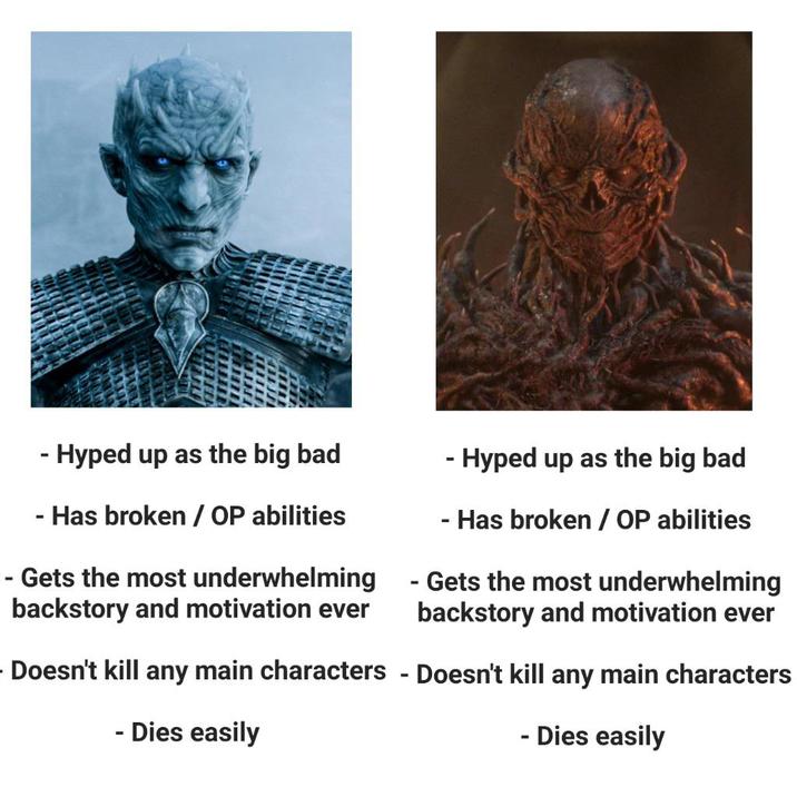 - Hyped up as the big bad - Hyped up as the big bad - - Has broken / OP abilities Gets the most underwhelming backstory and motivation ever - Has broken / OP abilities - Gets the most underwhelming backstory and motivation ever - Doesn't kill any main characters - Doesn't kill any main characters - Dies easily - Dies easily