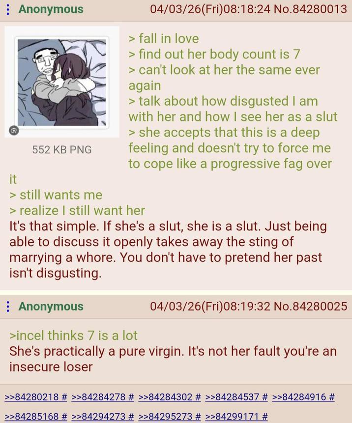 : Anonymous it 552 KB PNG > still wants me 04/03/26(Fri) 08:18:24 No.84280013 > fall in love > find out her body count is 7 > can't look at her the same ever again > talk about how disgusted I am with her and how I see her as a slut > she accepts that this is a deep feeling and doesn't try to force me to cope like a progressive f-- over > realize I still want her It's that simple. If she's a slut, she is a slut. Just being able to discuss it openly takes away the sting of marrying a w----. You don't have to pretend her past isn't disgusting. Anonymous >incel thinks 7 is a lot 04/03/26(Fri)08:19:32 No.84280025 She's practically a pure virgin. It's not her fault you're an insecure loser >>84280218 # >>84284278 # >>84284302 # >>84284537 # >>84284916 # >>84285168 # >>84294273 # >>84295273 # >>84299171 #