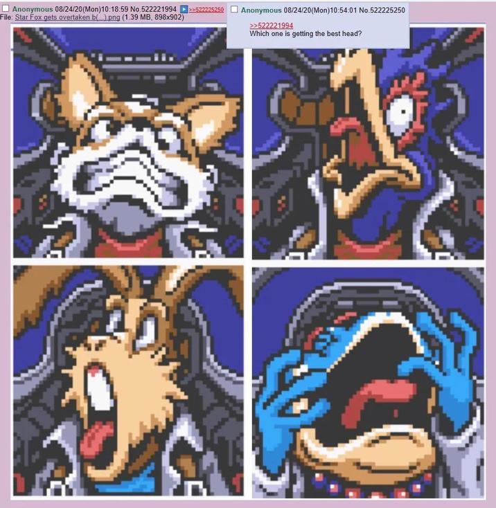 Anonymous 08/24/20(Mon) 10:18:59 No.522221994 ►>>522225250 File: Star Fox gets overtaken b(...).png (1.39 MB, 898x902) Anonymous 08/24/20(Mon) 10:54:01 No.522225250 >>522221994 Which one is getting the best head?