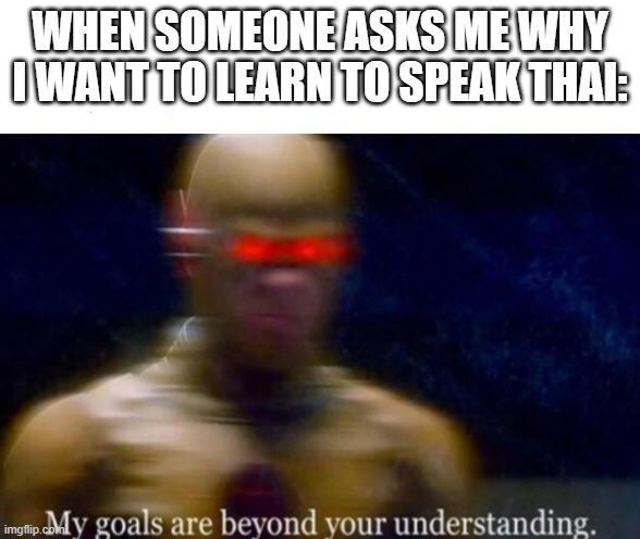 WHEN SOMEONE ASKS ME WHY I WANT TO LEARN TO SPEAK THAI: flip. My goals are beyond your understanding.