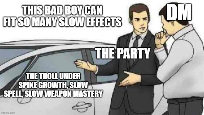 THIS BAD BOY CAN FIT SO MANY SLOW EFFECTS THE TROLL UNDER SPIKE GROWTH, SLOW THE PARTY SPELL, SLOW WEAPON MASTERY imgflip.com DM