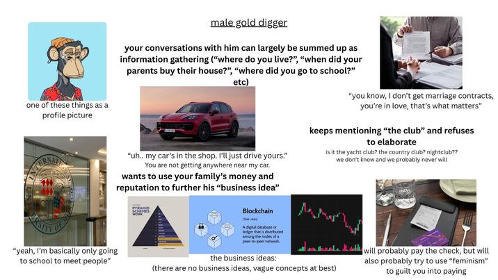 one of these things as a profile picture SEMPLE AD ALTUM male gold digger your conversations with him can largely be summed up as information gathering ("where do you live?", "when did your parents buy their house?", "where did you go to school?" S-CA 3604 etc) "uh.. my car's in the shop. I'll just drive yours." You are not getting anywhere near my car. wants to use your family's money and reputation to further his "business idea" "you know, I don't get marriage contracts, you're in love, that's what matters" keeps mentioning "the club" and refuses to elaborate is it the yacht club? the country club? nightclub?? we don't know and we probably never will HOW RSITY OF M "yeah, I'm basically only going to school to meet people" PYRAMID SCHEMES WORK OF PARTIC Blockchain [blak-.chan] A digital database or ledger that is distributed among the nodes of a peer-to-peer network. the business ideas: (there are no business ideas, vague concepts at best) Credit Card Mockup 15 4815 2850 will probably pay the check, but will also probably try to use "feminism" to guilt you into paying