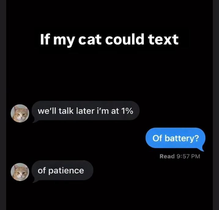 If my cat could text we'll talk later i'm at 1% of patience Of battery? Read 9:57 PM