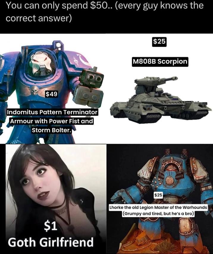 You can only spend $50.. (every guy knows the correct answer) $49 Indomitus Pattern Terminator Armour with Power Fist and Storm Bolter. $1 Goth Girlfriend $25 M808B Scorpion XII ATTL $25 Lhorke the old Legion Master of the Warhounds (Grumpy and tired, but he's a bro)|