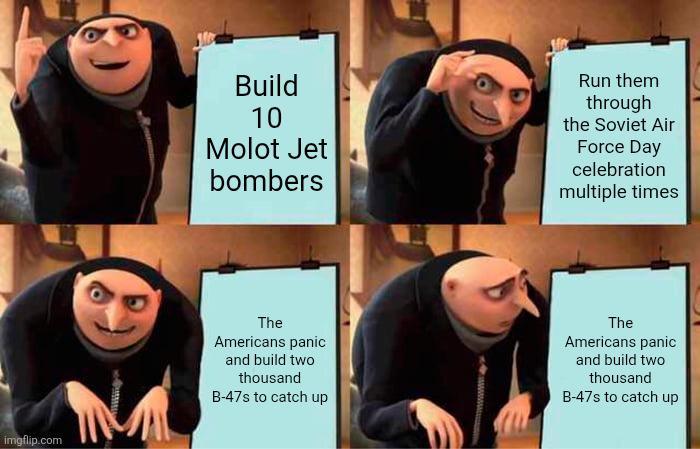 imgflip.com Build 10 Molot Jet bombers Run them through the Soviet Air Force Day celebration multiple times The Americans panic and build two thousand B-47s to catch up The Americans panic and build two thousand B-47s to catch up