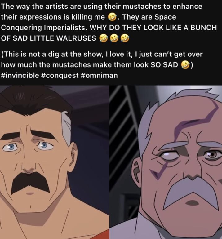 The way the artists are using their mustaches to enhance their expressions is killing me . They are Space Conquering Imperialists. WHY DO THEY LOOK LIKE A BUNCH OF SAD LITTLE WALRUSES (This is not a dig at the show, I love it, I just can't get over how much the mustaches make them look SO SAD ) #invincible #conquest #omniman