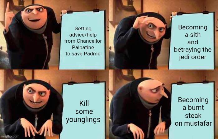 imgflip.com Getting advice/help from Chancellor Palpatine to save Padme Becoming a sith and betraying the jedi order Kill some younglings Becoming a burnt steak on mustafar