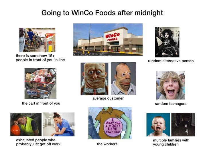 Going to WinCo Foods after midnight QU PONT there is somehow 15+ people in front of you in line RGANIC the cart in front of you ERLY WinCo FOODS 6201 random alternative person average customer random teenagers I REALLY WISH I WEREN'T HERE RIGHT NOW! exhausted people who probably just got off work the workers multiple families with young children