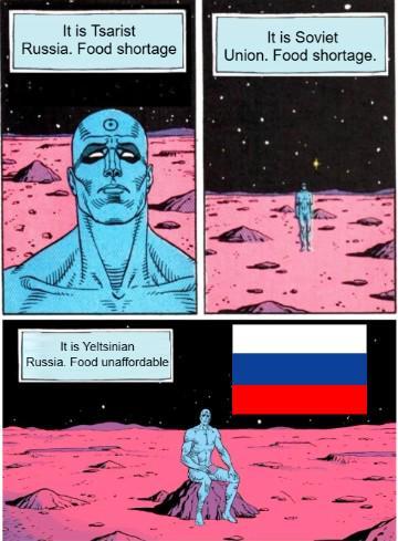 It is Tsarist Russia. Food shortage It is Soviet Union. Food shortage. It is Yeltsinian Russia. Food unaffordable