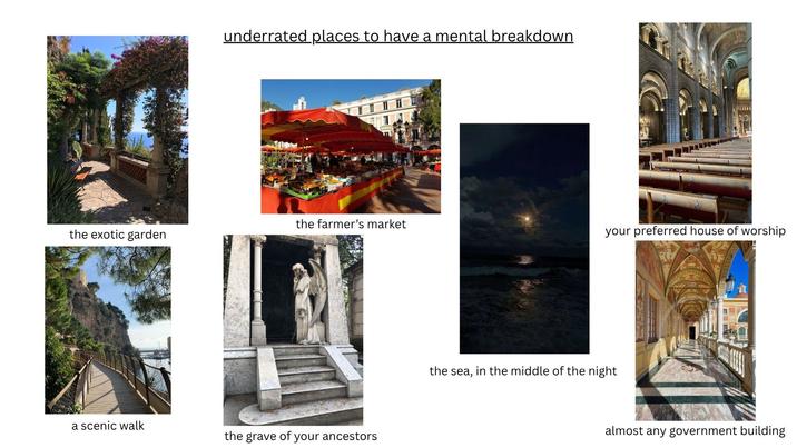 underrated places to have a mental breakdown the farmer's market the exotic garden your preferred house of worship a scenic walk the grave of your ancestors the sea, in the middle of the night almost any government building