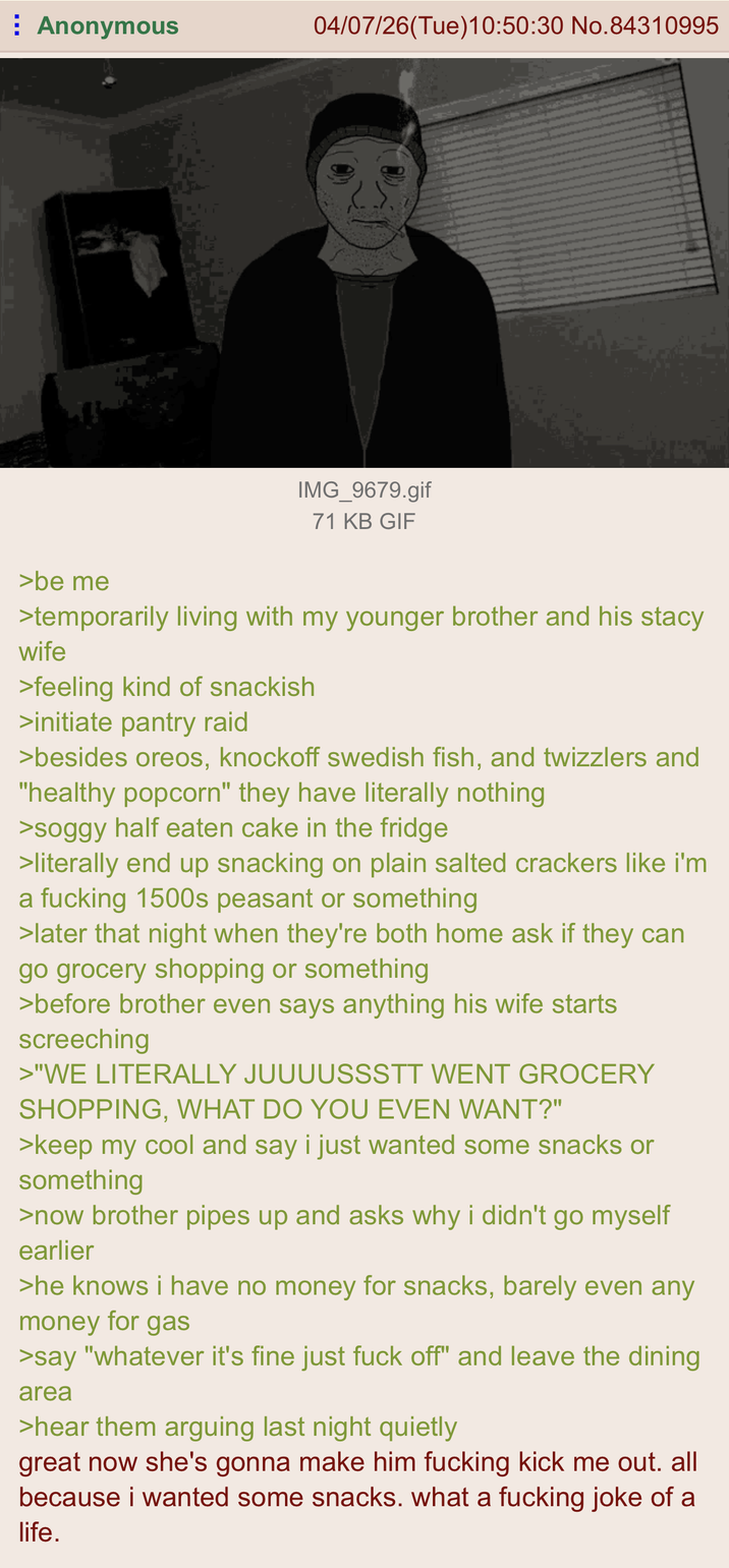 Anonymous 04/07/26(Tue)10:50:30 No.84310995 IMG_9679.gif 71 KB GIF >be me >temporarily living with my younger brother and his stacy wife >feeling kind of snackish >initiate pantry raid >besides oreos, knockoff swedish fish, and twizzlers and "healthy popcorn" they have literally nothing >soggy half eaten cake in the fridge >literally end up snacking on plain salted crackers like i'm a f------ 1500s peasant or something >later that night when they're both home ask if they can go grocery shopping or something >before brother even says anything his wife starts screeching >"WE LITERALLY JUUUUSSSTT WENT GROCERY SHOPPING, WHAT DO YOU EVEN WANT?" >keep my cool and say i just wanted some snacks or something >now brother pipes up and asks why i didn't go myself earlier >he knows i have no money for snacks, barely even any money for gas >say "whatever it's fine just f--- off" and leave the dining area >hear them arguing last night quietly great now she's gonna make him f------ kick me out. all because i wanted some snacks. what a f------ joke of a life.