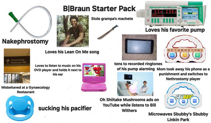 B|Braun Starter Pack Stole grampa's machete 100 POWER ATT MAN | Volume To Be Delivered (m 22.5 250.0 DOPamine 88888888 MENU 100 SAFETY FUSION SYSTER DOPamine 10.0 mcgkgmin 1.00 DOSE BOLUS Time Left 11h Gmin MICU KU ENTER B BRAUN OUTLOOK Des Loves his favorite pump Nakephrostomy Loves his Lean On Me song ↑ Gynaecology Restaurant 101 Loves to listen to music on his DVD player and holds it next to his ear ALBA go CANCE tens to recorded ringtones NETHROSTOMY WC 1月 指 of his pump alarming Mom took away his phone as a punishment and switches to Nethrostomy player Misbehaved at a Gynaecology Restaurant sucking his pacifier Oh Shiitake Mushrooms ads on YouTube while listens to Bill Withers SBUBBY WC WC WC Microwaves Sbubby's Sbubby Linkin Park