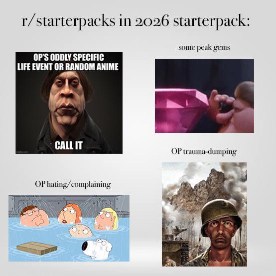 r/starterpacks in 2026 starterpack: OP'S ODDLY SPECIFIC LIFE EVENT OR RANDOM ANIME some peak gems CALL IT OP trauma-dumping OP hating/complaining