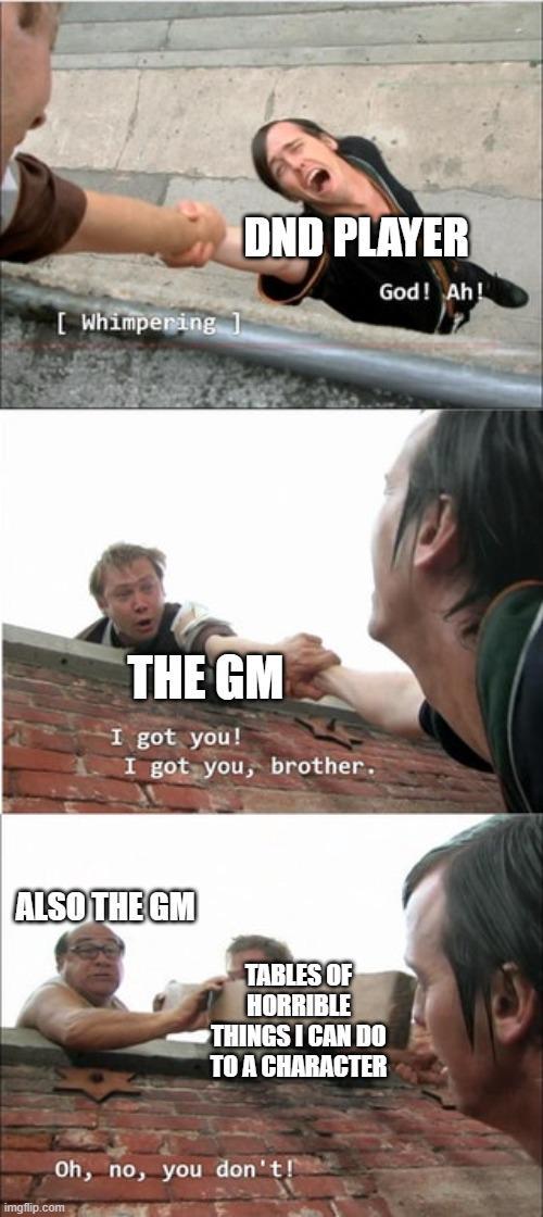 [Whimpering ] DND PLAYER God! Ah! THE GM I got you! got you, brother. ALSO THE GM TABLES OF HORRIBLE THINGS I CAN DO TO A CHARACTER imgflip.com Oh, no, you don't!