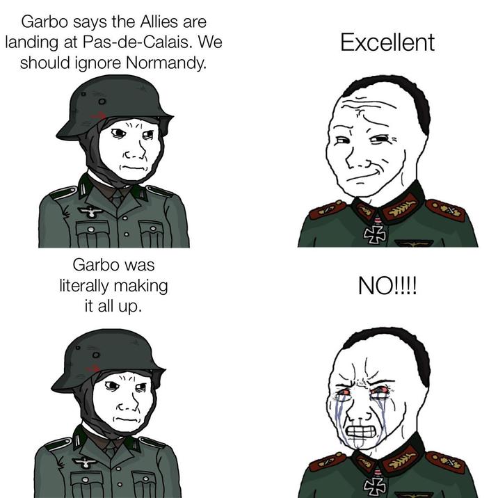 Garbo says the Allies are landing at Pas-de-Calais. We should ignore Normandy. Excellent Garbo was literally making it all up. NO!!!! 0 1171