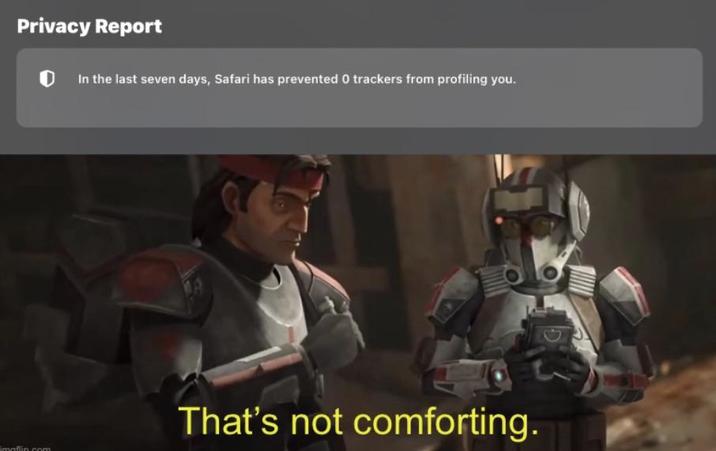 Privacy Report In the last seven days, Safari has prevented 0 trackers from profiling you. imaflin.com That's not comforting.
