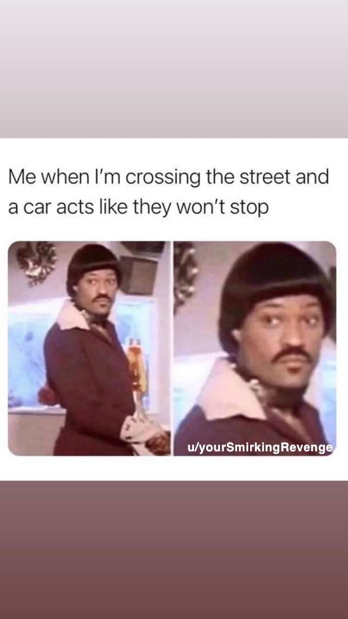 Me when I'm crossing the street and a car acts like they won't stop u/yourSmirking Revenge