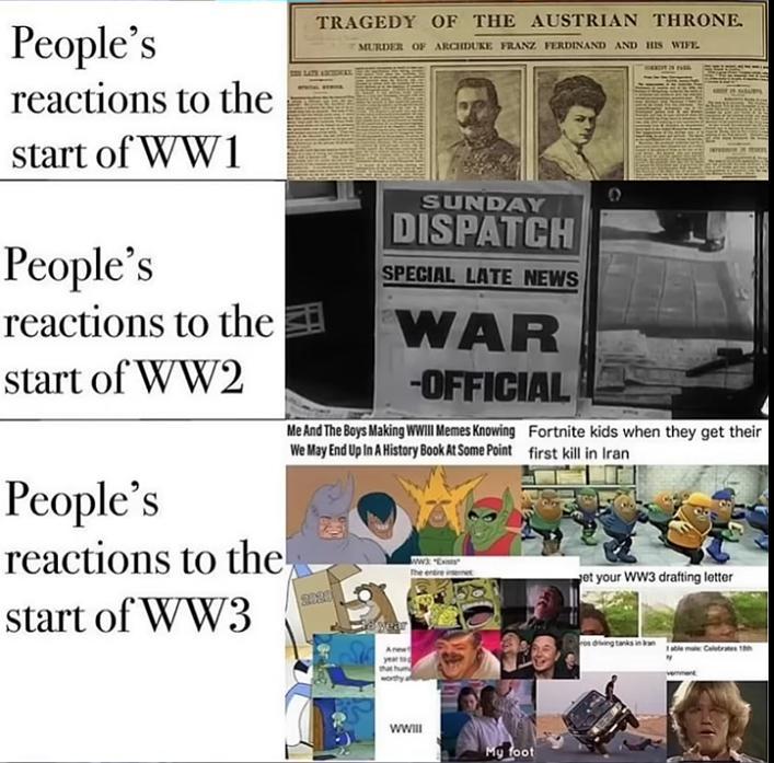 People's reactions to the start of WW1 People's reactions to the start of WW2 People's reactions to the start of WW3 TRAGEDY OF THE AUSTRIAN THRONE. MURDER OF ARCHDUKE FRANZ FERDINAND AND HIS WIFE DEE LATE ARCTORES SUNDAY DISPATCH SPECIAL LATE NEWS WAR -OFFICIAL Me And The Boys Making WWII Memes Knowing We May End Up In A History Book At Some Point Fortnite kids when they get their first kill in Iran ww "Ex et your WW3 drafting letter Wwill My foot