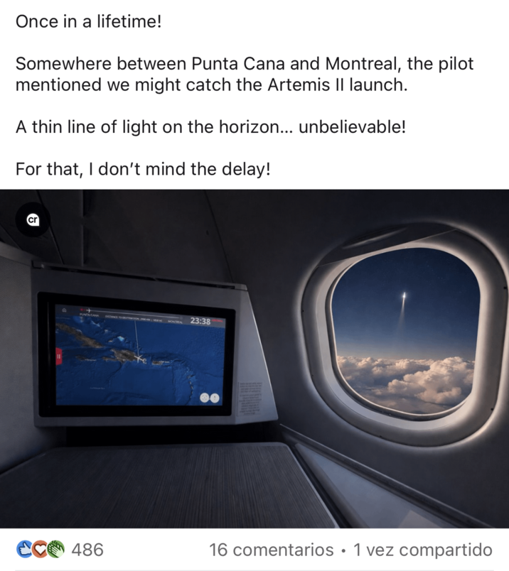 Once in a lifetime! Somewhere between a Cana and Montreal, the pilot mentioned we might catch the Artemis II launch. A thin line of light on the horizon... unbelievable! For that, I don't mind the delay! cr DISTANCE TO DRITIN 201 MONTREAL 23:38 CC486 16 comentarios • 1 vez compartido