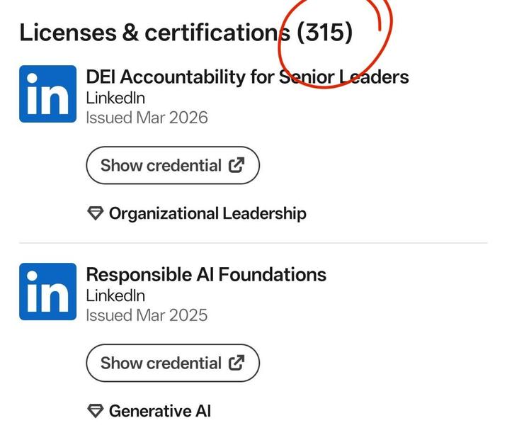 Licenses & certifications (315) in DEI Accountability for Senior Leaders LinkedIn Issued Mar 2026 Show credential ✔ Organizational Leadership in Responsible Al Foundations LinkedIn Issued Mar 2025 Show credential ✔ Generative Al