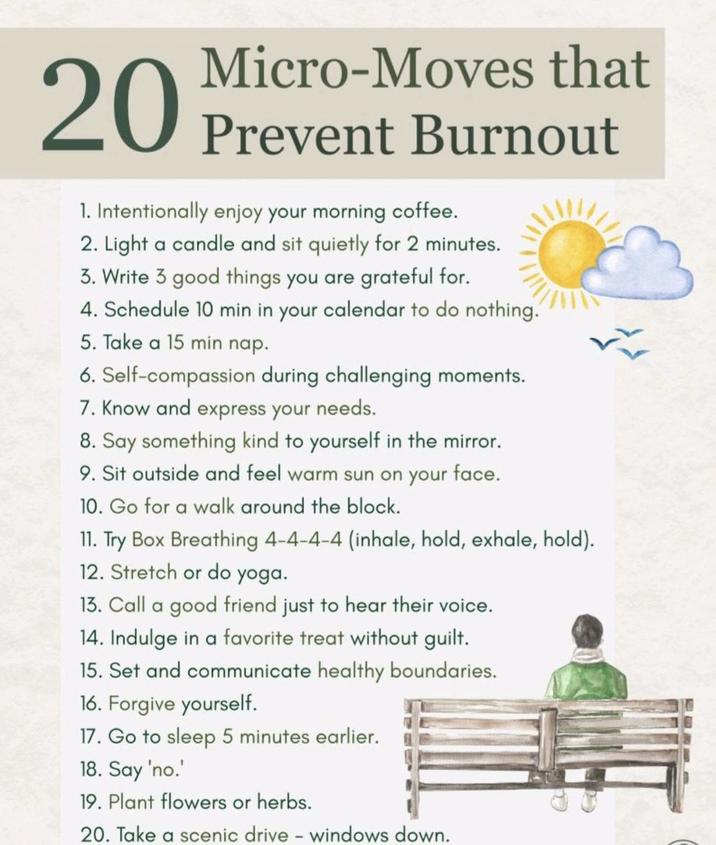 20 Micro-Moves that Prevent Burnout 1. Intentionally enjoy your morning coffee. 2. Light a candle and sit quietly for 2 minutes. 3. Write 3 good things you are grateful for. 4. Schedule 10 min in your calendar to do nothing. 5. Take a 15 min nap. 6. Self-compassion during challenging moments. 7. Know and express your needs. 8. Say something kind to yourself in the mirror. 9. Sit outside and feel warm sun on your face. 10. Go for a walk around the block. 11. Try Box Breathing 4-4-4-4 (inhale, hold, exhale, hold). 12. Stretch or do yoga. 13. Call a good friend just to hear their voice. 14. Indulge in a favorite treat without guilt. 15. Set and communicate healthy boundaries. 16. Forgive yourself. 17. Go to sleep 5 minutes earlier. 18. Say 'no.' 19. Plant flowers or herbs. 20. Take a scenic drive - windows down.